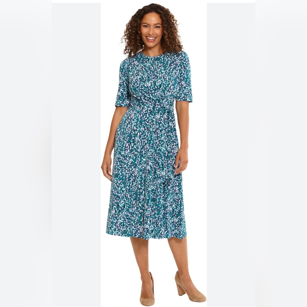 NWOT London Times Side Waist Tie Fit & Flare Dress, Deep Lake Color/Pattern